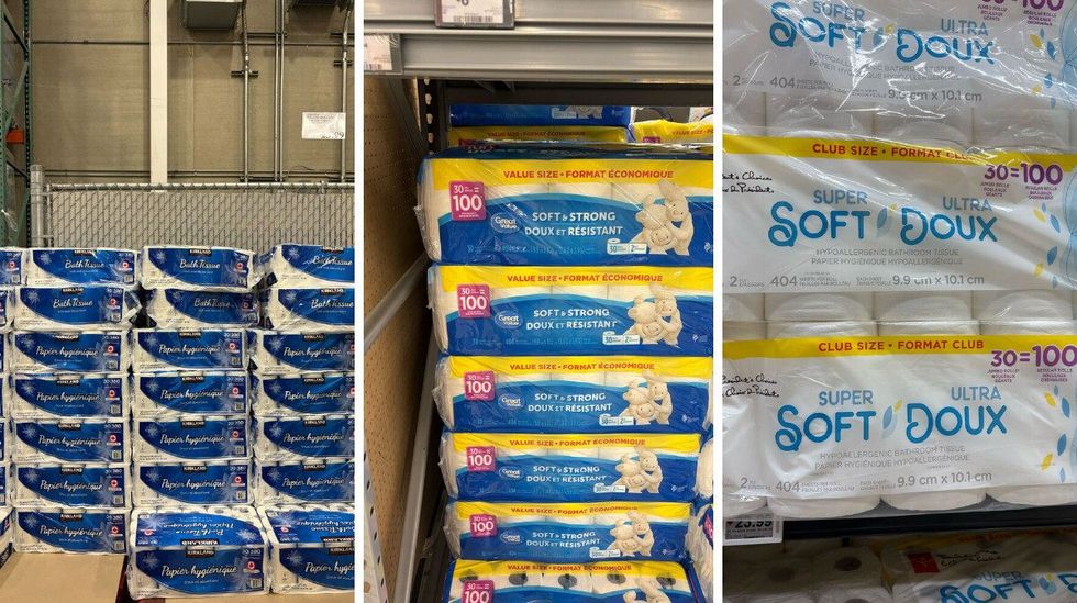 kirkland signature toilet paper. centre: great value toilet paper. right: president's choice toilet paper