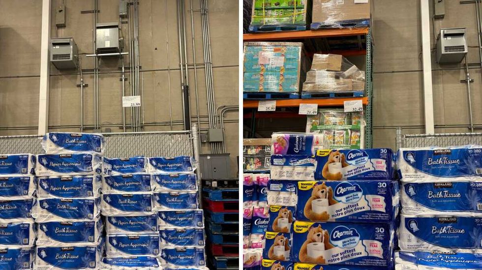 Kirkland Signature toilet paper. Right: Charmin toilet paper at Costco.