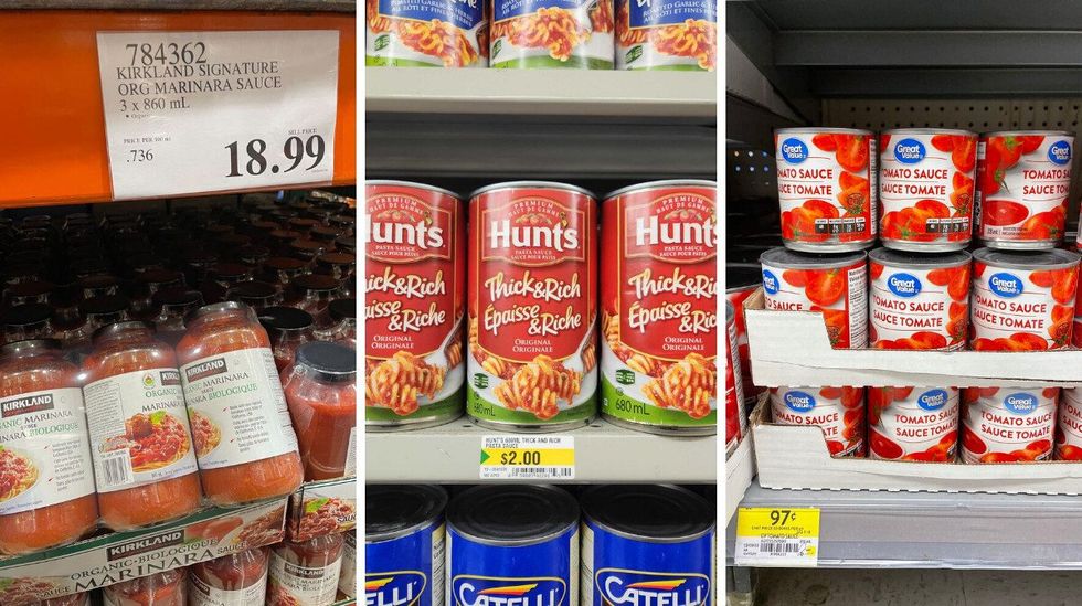Kirkland Signature tomato sauce at Costco. Middle: Hunt\u2019s tomato sauce at Dollarama. Right: Great Value tomato sauce at Walmart.