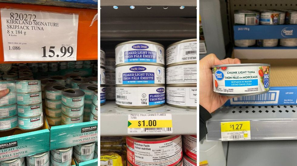 Kirkland Signature tuna at Costco. Middle: Pacific Pride tuna at Dollarama. Right: Great Value tuna at Walmart.