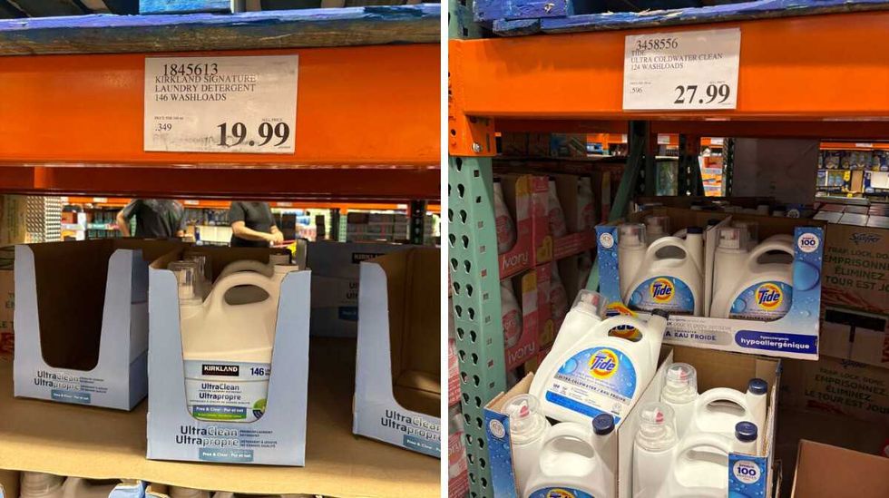Kirkland Signature UltraClean laundry detergent. Right: Tide Free and Gentle Coldwater liquid laundry detergent at Costco.