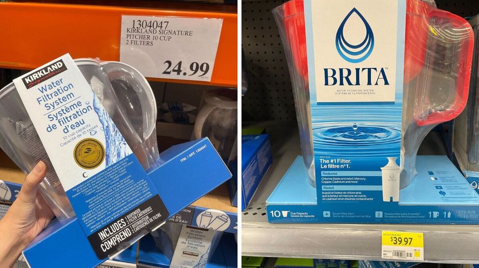 Kirkland Signature water filtration pitcher. Right: Brita filtered water pitcher at Walmart.