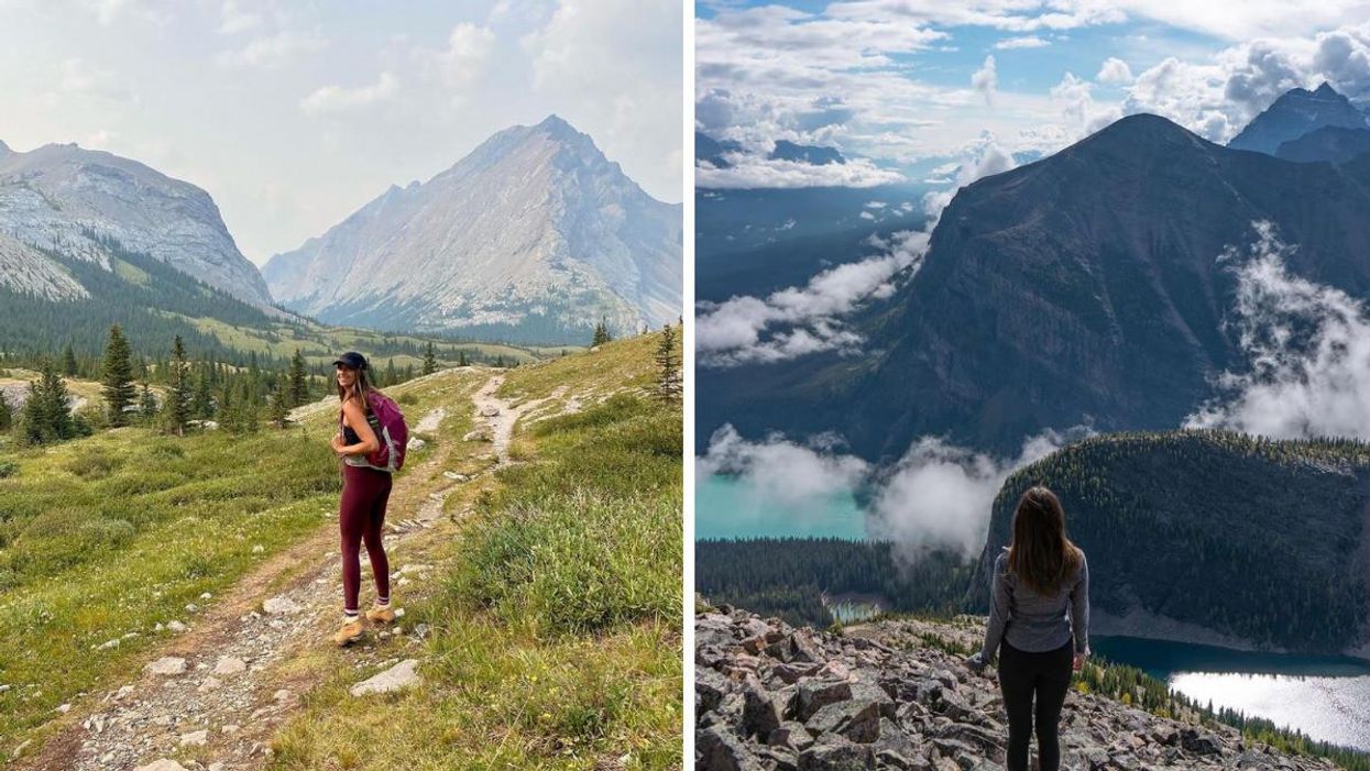 Kirsten hiking in Alberta. Right: A view in Alberta