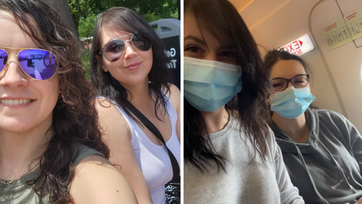 Kirstin Hanson and Jasmine Koshman on their trip. Right: The two Air Canada travellers onboard their flight.