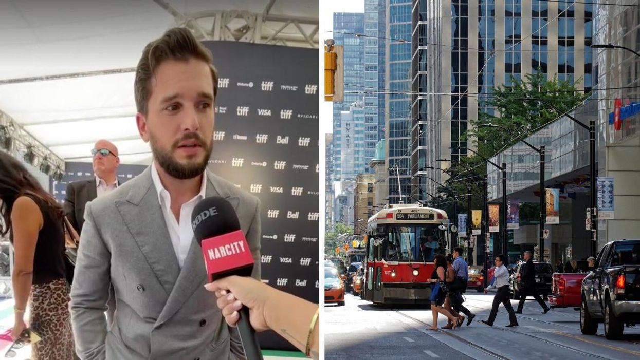 Kit Harington at TIFF. Right: King Street West in Toronto, Ontario.