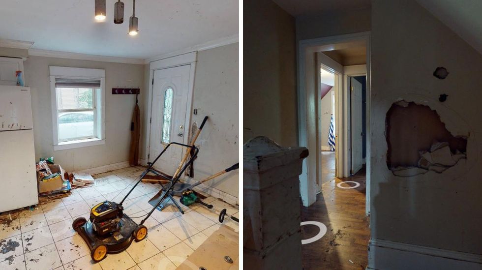 Kitchen. Right: Hole in an upstairs wall.