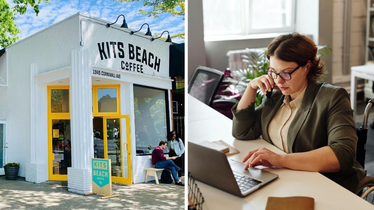 Kits Beach Coffee. Right: woman working from home.