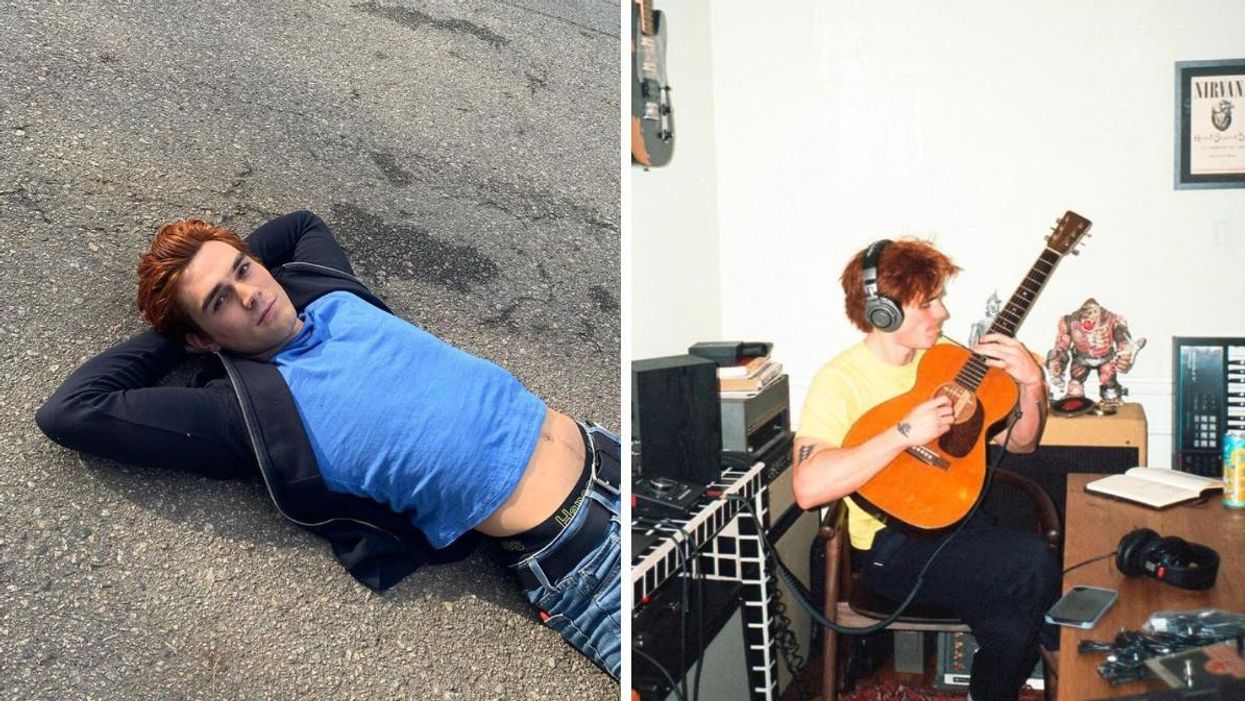 KJ Apa laying on the ground. Right: KJ Apa playing a guitar.
