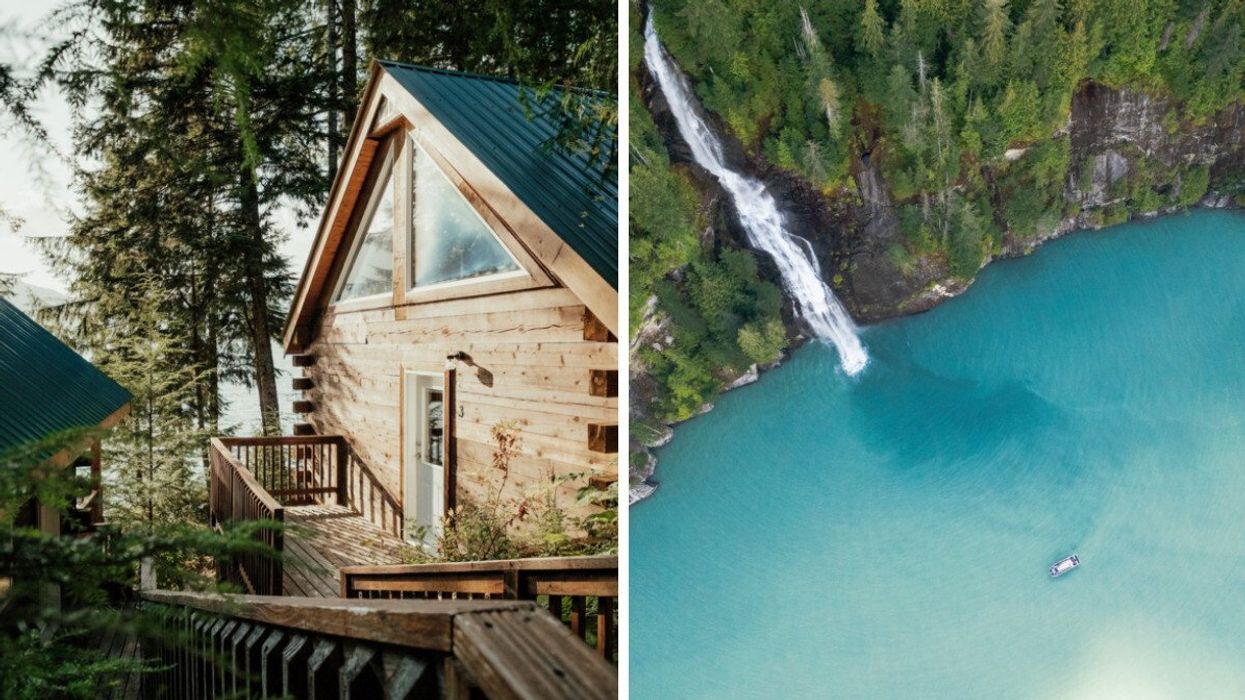 Klahoose Wilderness Resort. Right: Toba Inlet Waterfall Tour.