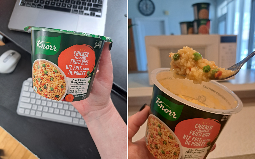 Knorr Rice Cups Chicken Flavoured Fried Rice flavour. Right: The Chicken Flavoured Fried Rice, ready to eat.