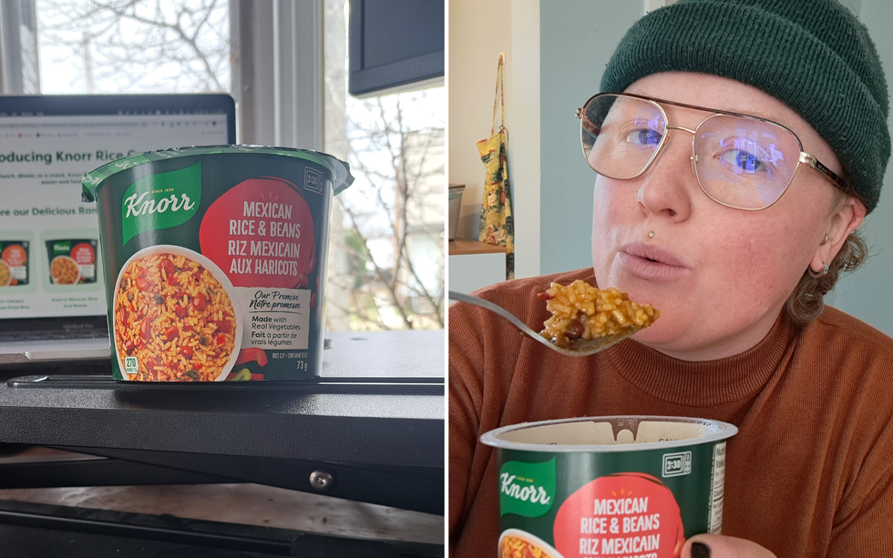 Knorr Rice Cups Mexican Fried Rice & Beans. Right: Louie Murray tasting the Mexican Fried Rice & Beans flavour.