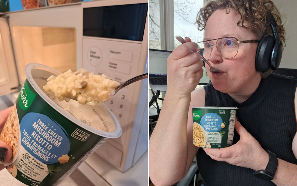 Knorr Rice Cups Three Cheese Mushroom Risotto, ready to eat. Right: Louie Murray tastes the Three Cheese Mushroom Risotto.
