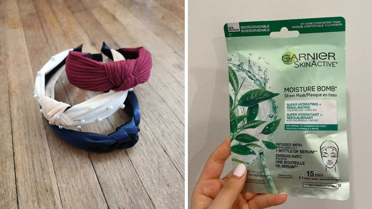 Knotted headbands. Right: A Garnier face mask.