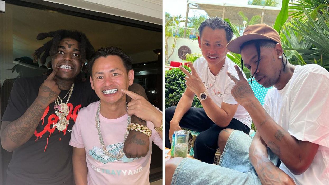 Kodak Black and Johnny Dang showing their grills for a photo. Right: Dang posing with Travis Scott.
