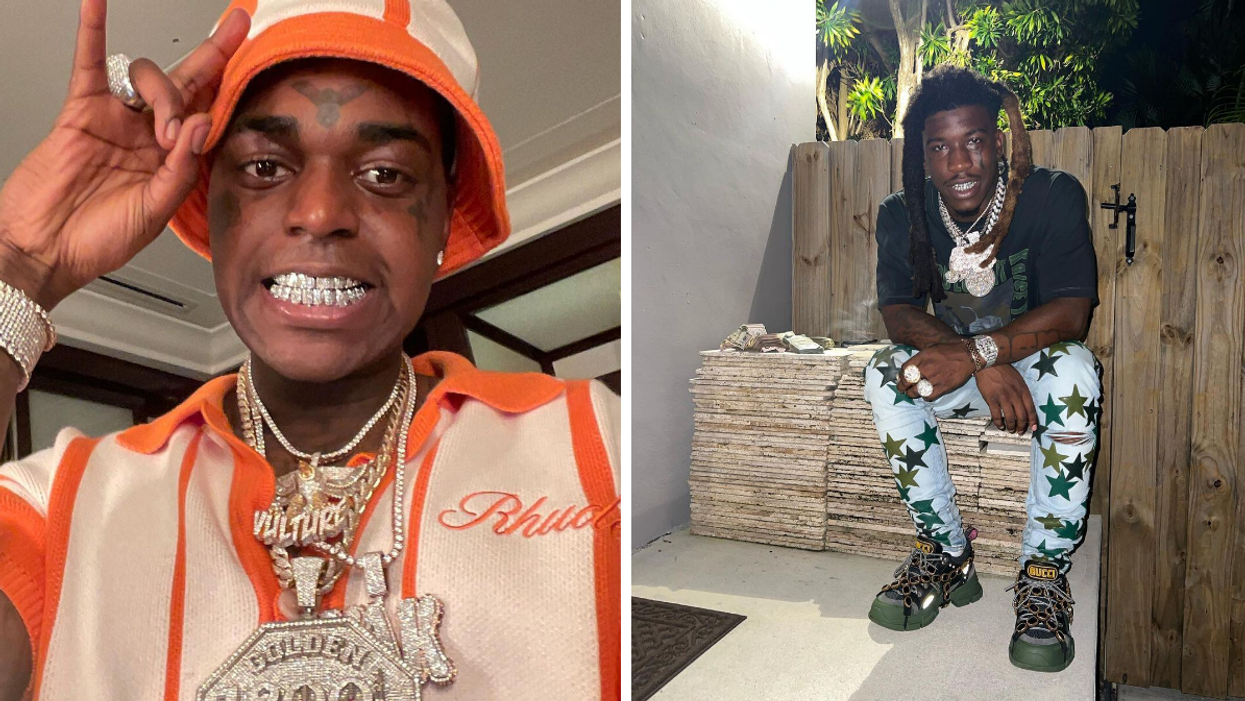 Kodak Black in an orange striped shirt. Right: Hotboii sitting down next to a stack of money.