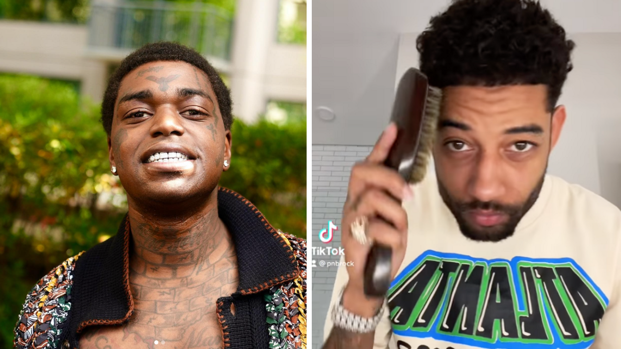 Kodak Black smiling with a jacket on. Right: PnB Rock brushing his hair.