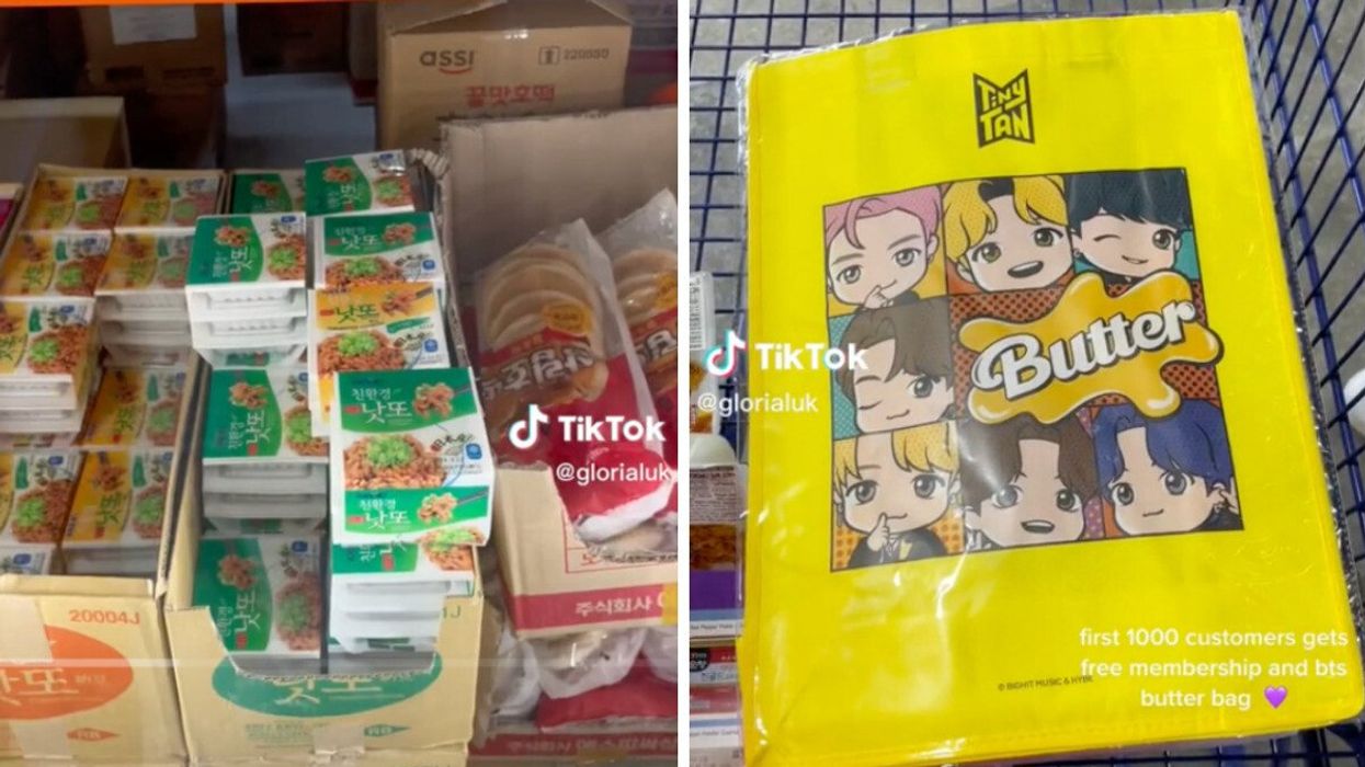 Korean instant noodles seen in KCC. Right: BTS butter bag.