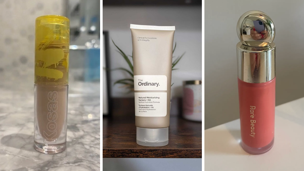 Kosas Mini Super Creamy + Brightening Concealer. Middle: The Ordinary Natural Moisturizing Factors + HA. Right: Rare Beauty by Selena Gomez Soft Pinch Liquid Blush.