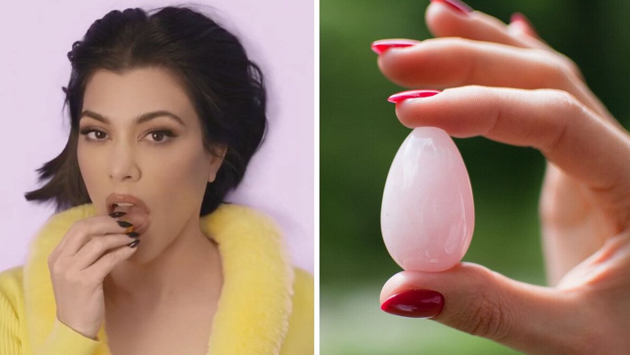 Kourtney Kardashian eating one of her vaginal health gummies. Right: A person's hand holding a yoni egg.