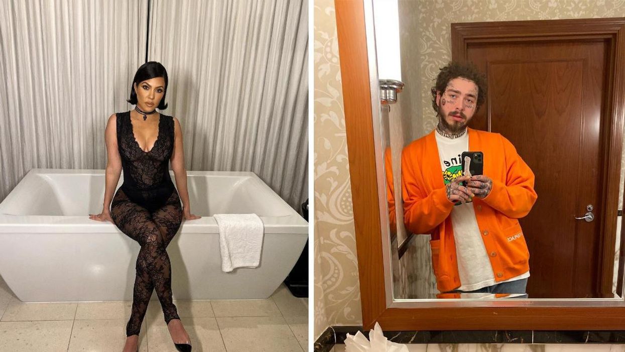 Kourtney Kardashian sitting on a bathtub. Right: Post Malone takes a selfie in a mirror.