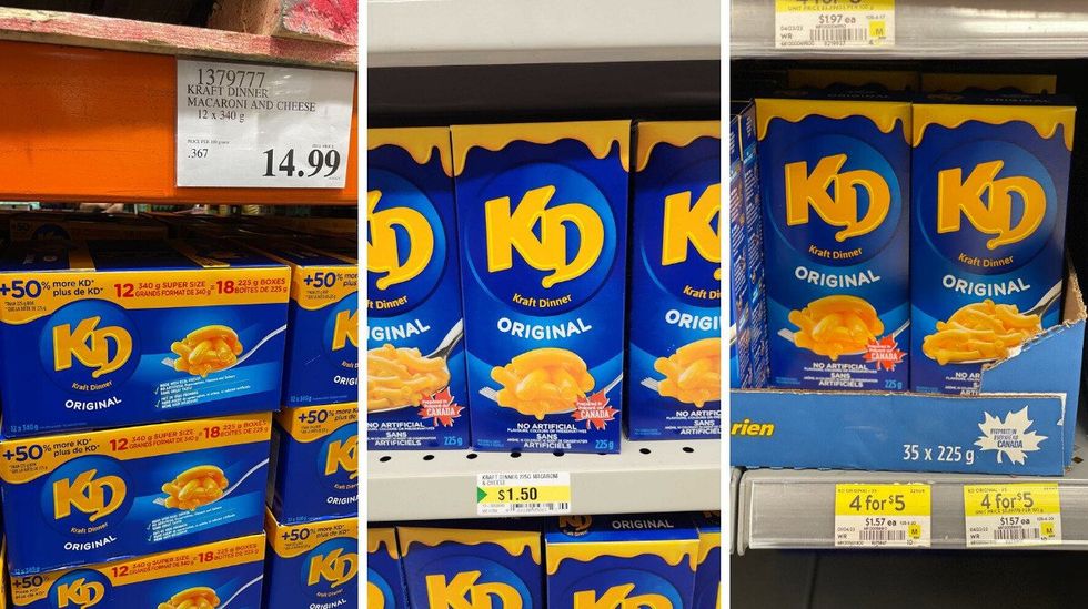 Kraft Dinner at Costco: Middle: Kraft Dinner at Dollarama. Right: Kraft Dinner at Walmart.