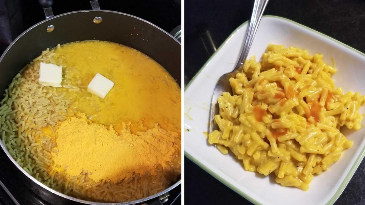 Kraft Dinner being cooked. Right: Kraft Dinner being served.