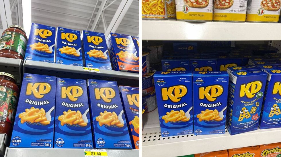 kraft dinner boxes on shelves at dollarama. right: kraft dinner boxes on a shelf at dollar tree