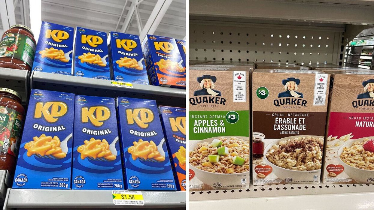 kraft dinner boxes on shelves at dollarama. right: quaker instant oatmeal boxes at dollar tree