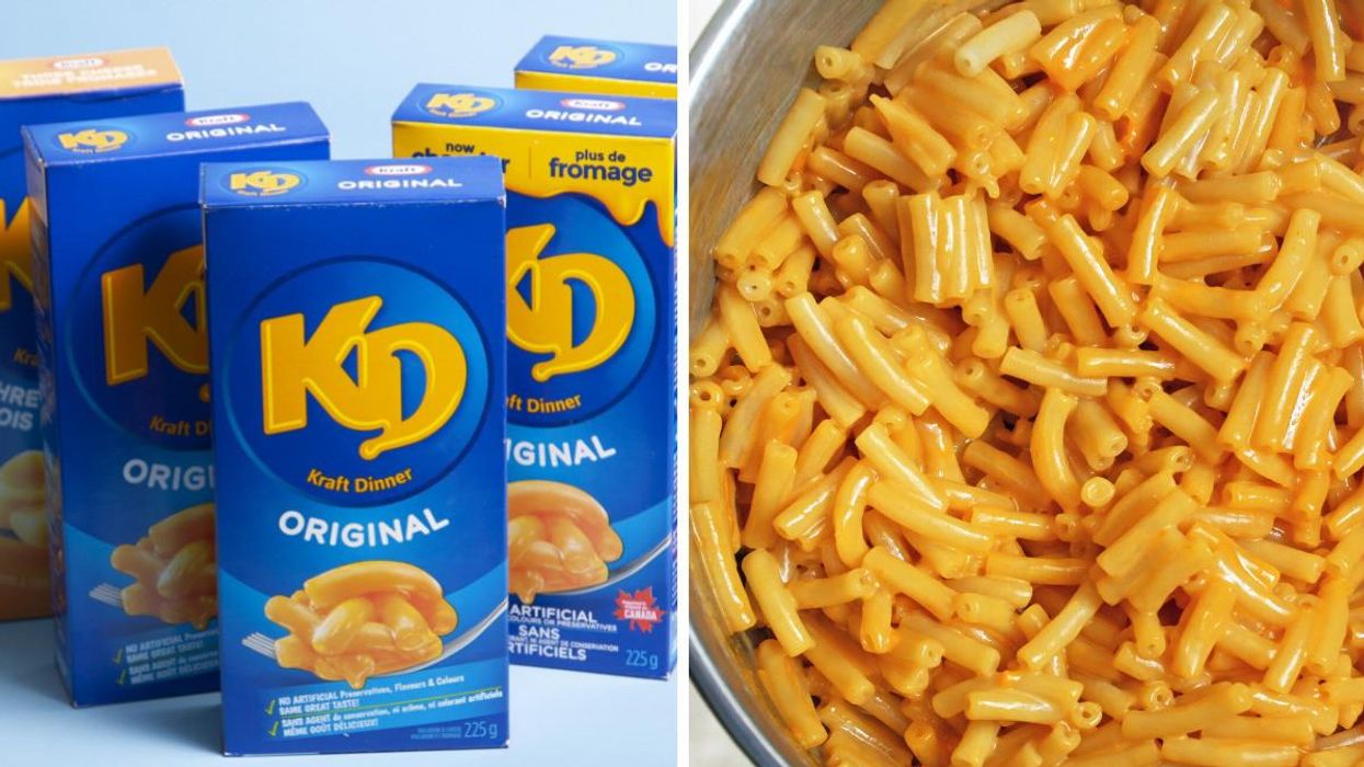 Kraft Dinner boxes. Right: A pot of prepared Kraft Dinner.