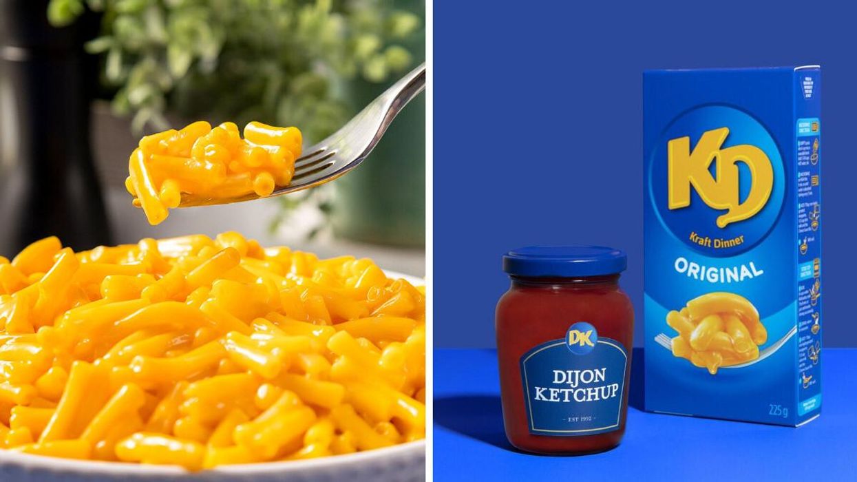 Kraft Dinner in a bowl. Right: Box of Kraft Dinner beside a bottle of ketchup.