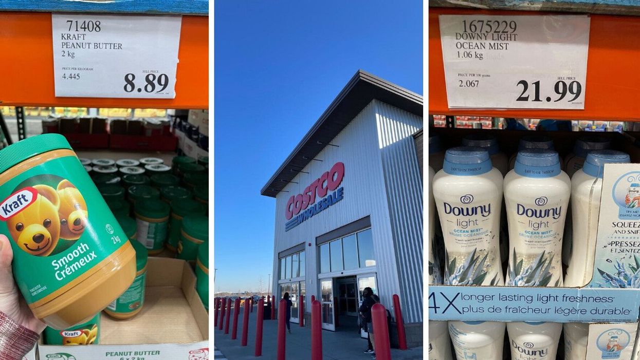 Kraft Peanut Butter at Costco. Centre: Costco location in Ontario. Right: Downy product on display at Costco.