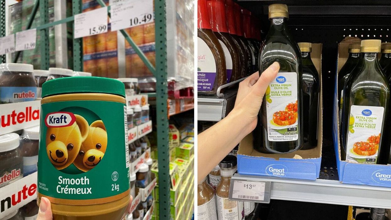 kraft peanut butter at costco. right: great value olive oil at walmart