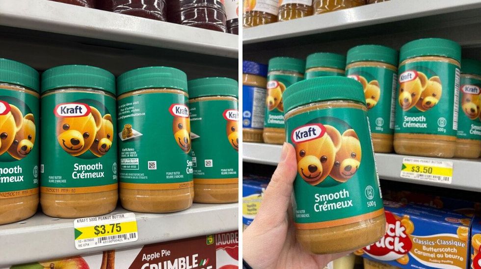 kraft peaut butter jars on shelves at dollarama in 2025. right: person holding kraft peanut butter jar at dollarama in 2023