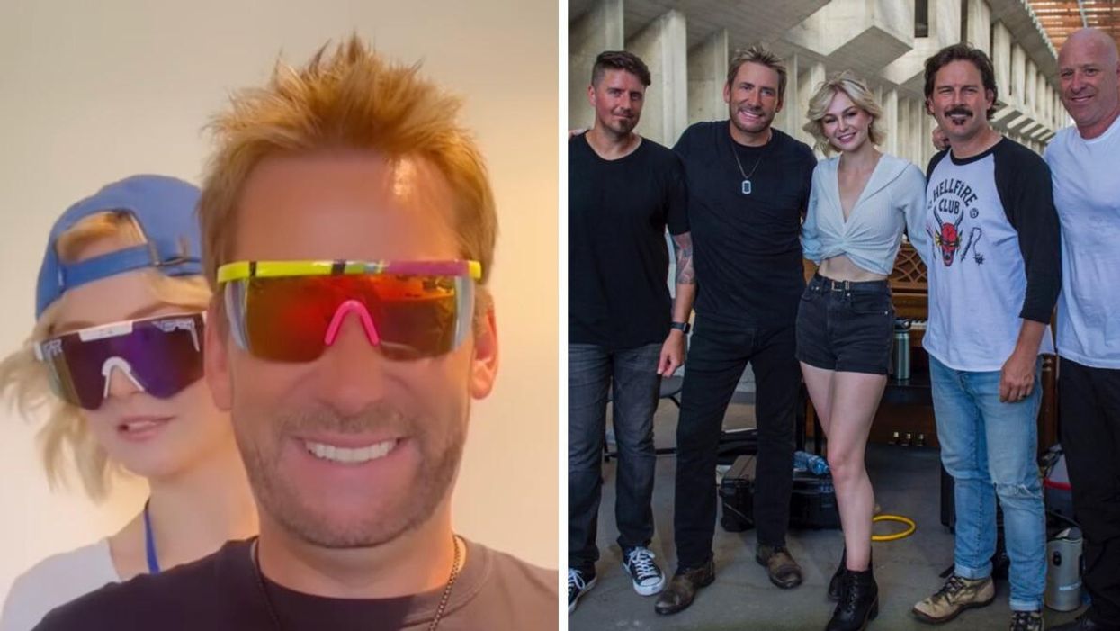 Kris Collins and Chad Kroeger making a TikTok. Right: Kris Collins with Nickelback.