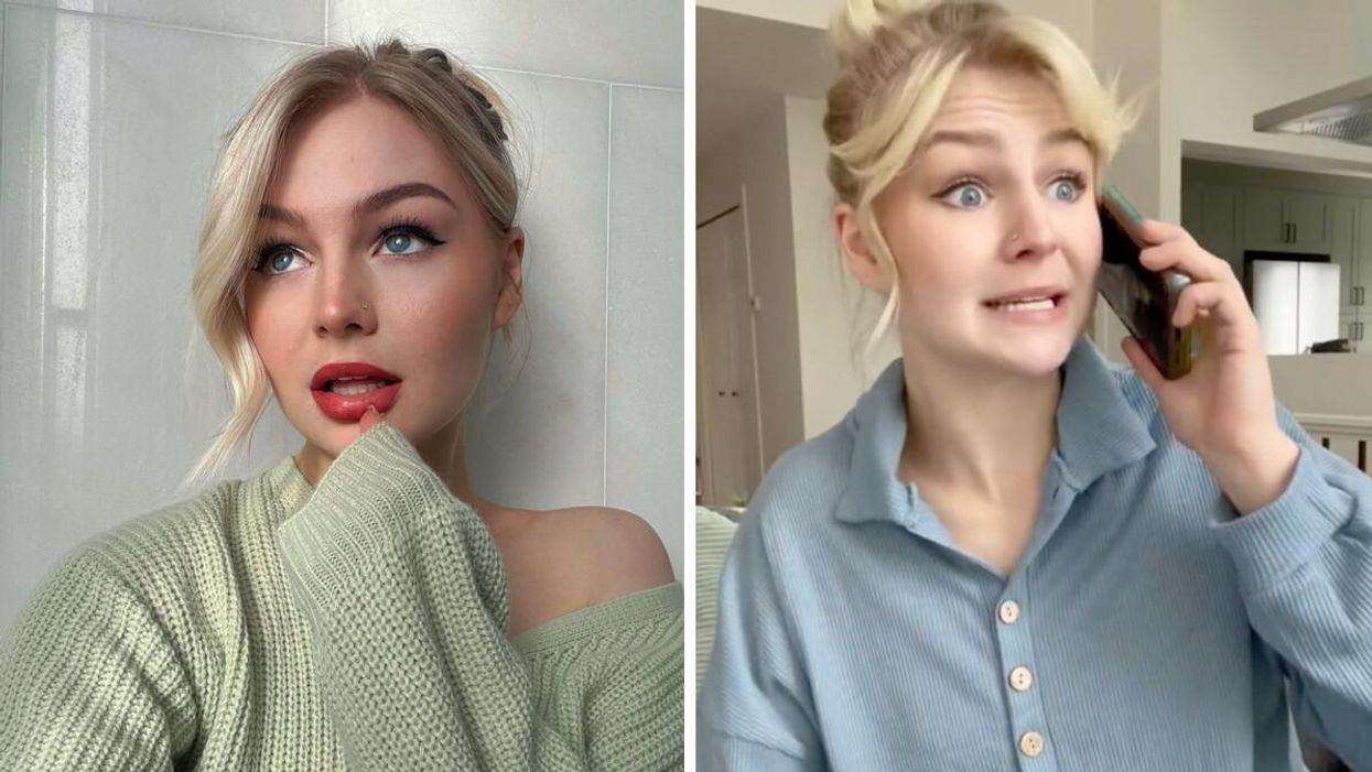 Kris Collins dressed with a green top posing for a selfie. Right: Kris Collins on the phone in a TikTok video.