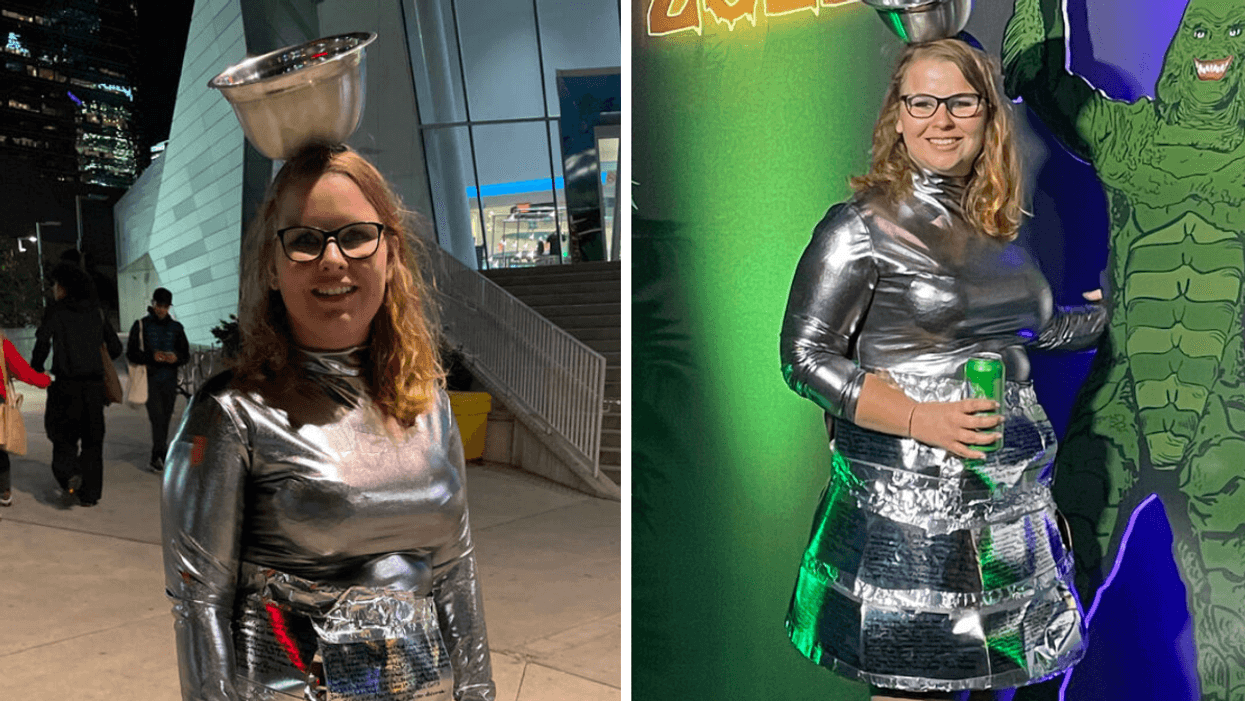 lady dressed as stanley cup Superfan Mama Stanley cheers on the Edmonton Oilers