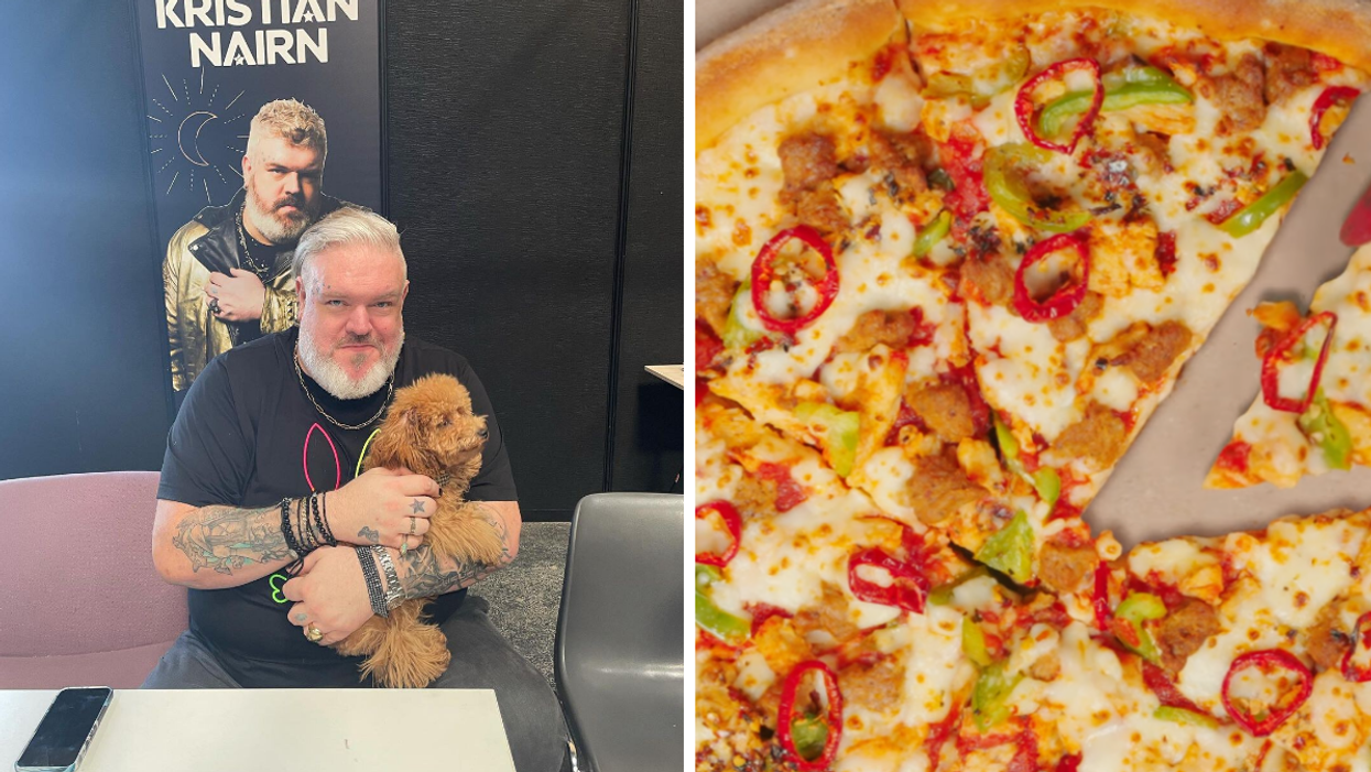 Kristian Nairn with a puppy. Right: The Dragon Flame pizza at Papa John's.