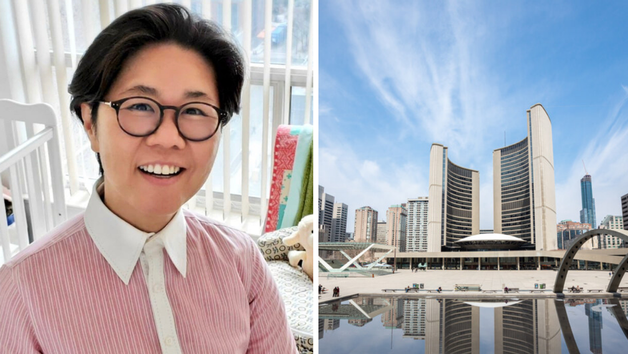 Kristyn Wong-Tam. Right: View of the Toronto City Hall from the body of water in front of the building.