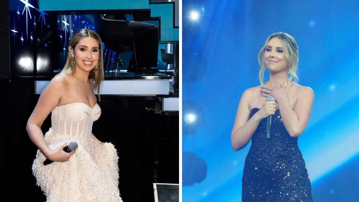 Krystel Mongeau, gagnante de Star Académie 2022, portant une robe blanche sans manche. Droite : Krystel Mongeau portant une robe noire à paillettes sans manche.