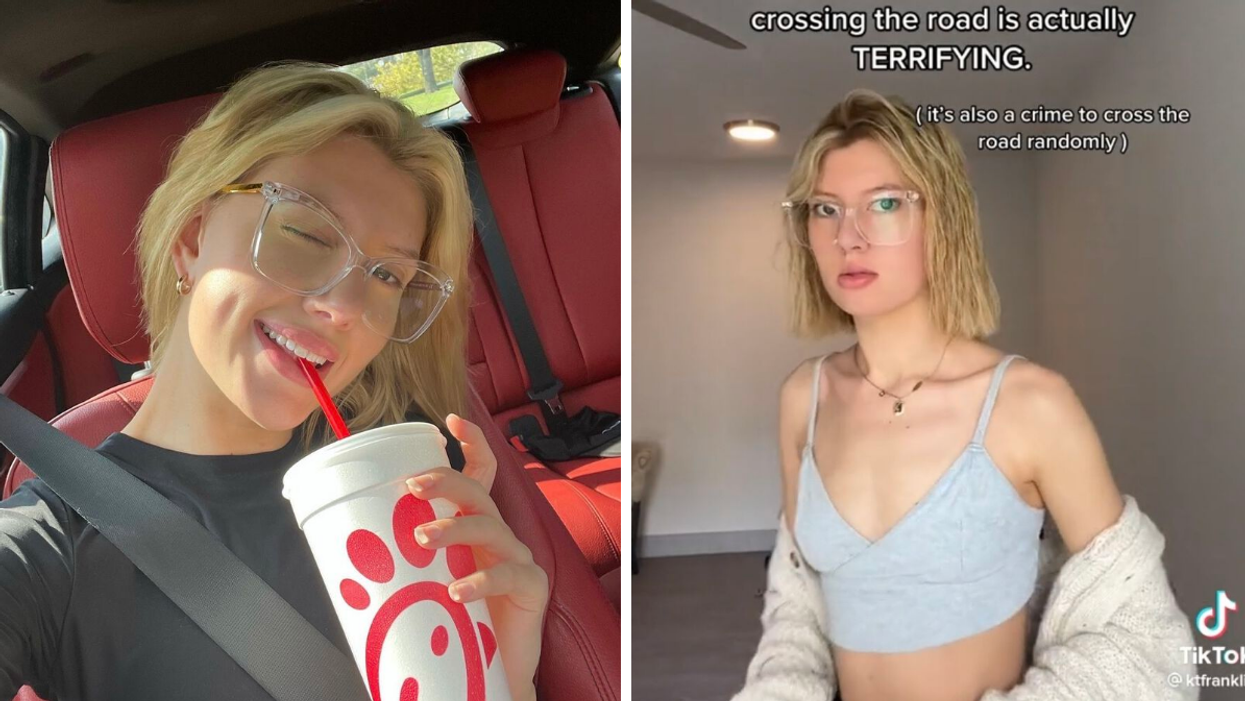 KT Franklin holding a Chic-fil-A cup. Right: Franklin in a grey top.