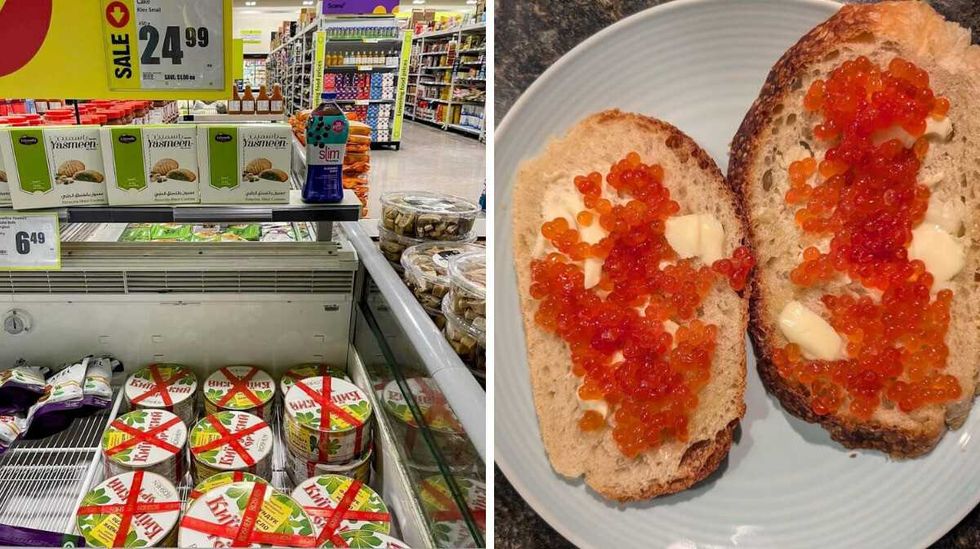 Kyiv Cake on sale in FreshCo. Right: Bread with butter and red caviar on a plate.