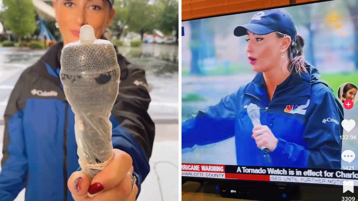 Kyla Galer holding a microphone with a condom on it. Right: Kyla Galer reporting during Hurricane Ian.