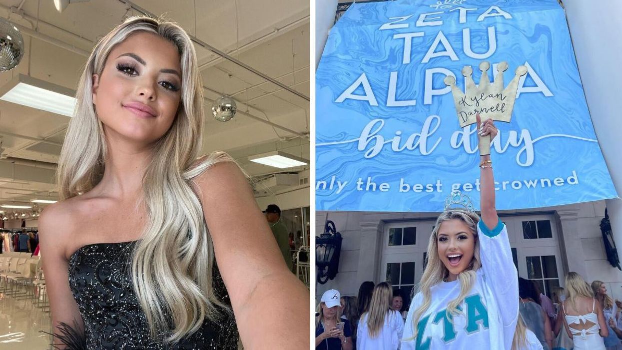 Kylan Darnell in a black dress. Right: Darnell in front of the University of Alabama's Zeta Tau Alpha sorority.