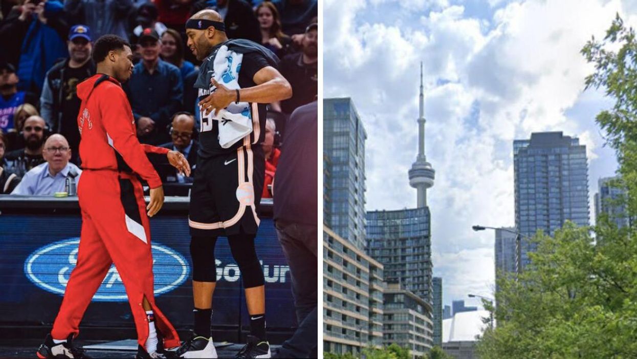 Kyle Lowry and Vince Carter going for an embrace. Right: The CN Tower