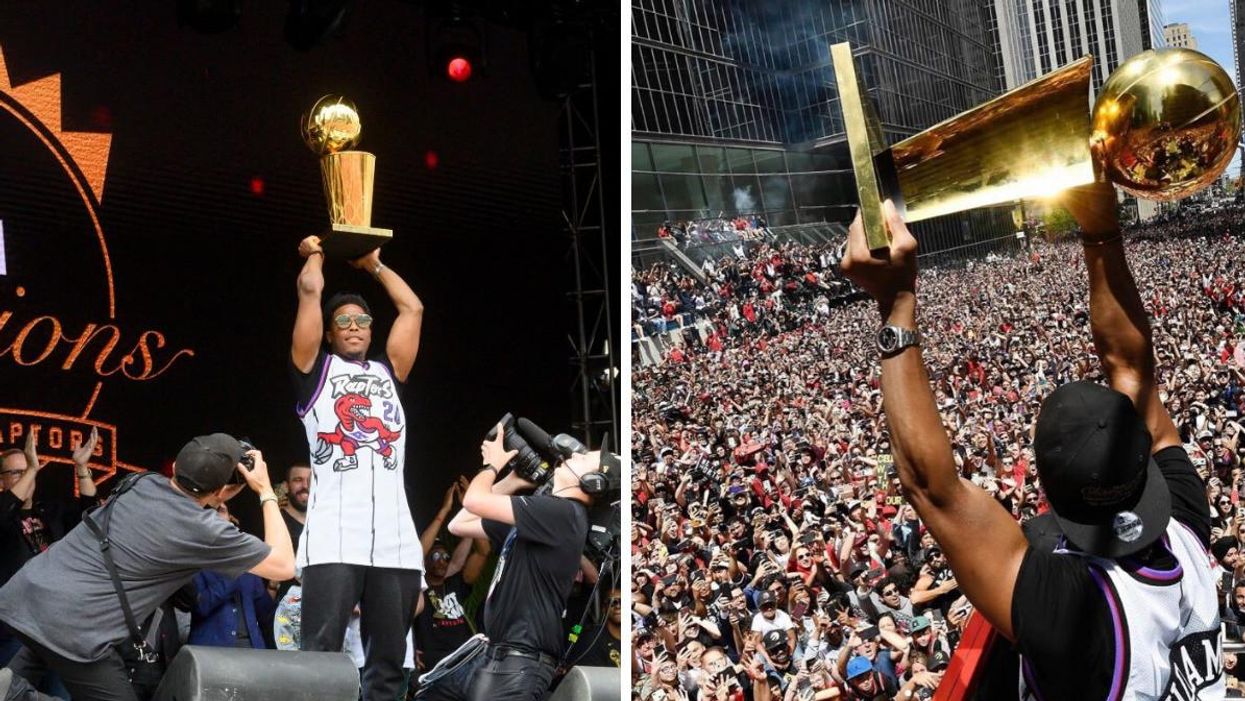 Kyle Lowry presenting at Toronto City Hall. Right: The 2019 Championship parade.