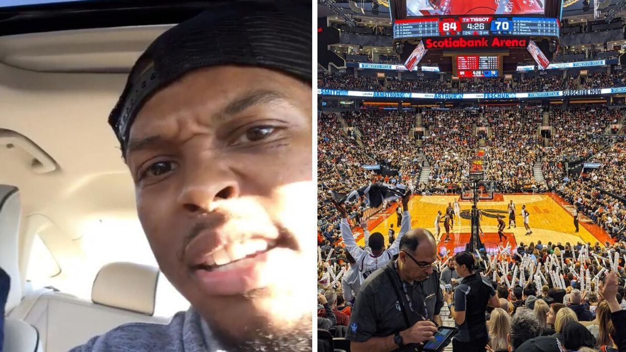 Kyle Lowry. Right: Toronto Raptors playing at Scotiabank Arena.