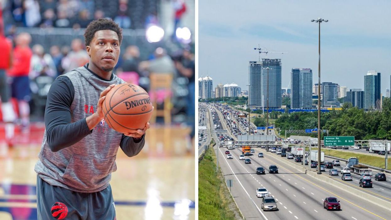 Kyle Lowry. Right: View of Highway 401 from Don Mills Road.