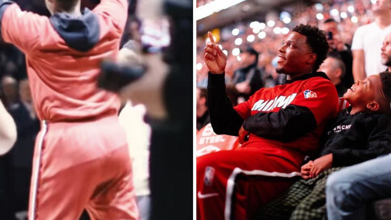 Kyle Lowry walking onto court at Scotiabank Arena Sunday night. Right: Lowry with his kids.