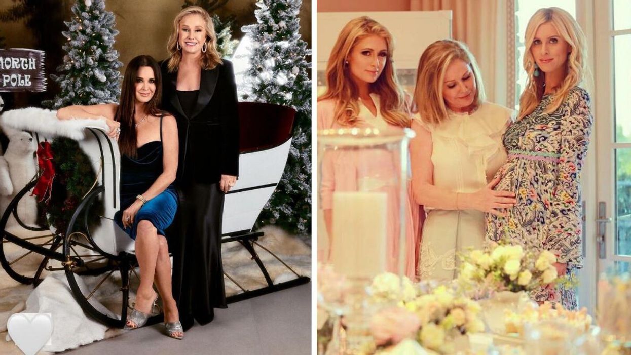 Kyle Richards and Kathy Hilton. Right: Kathy Hilton and her daughters Paris and Nicky Hilton.