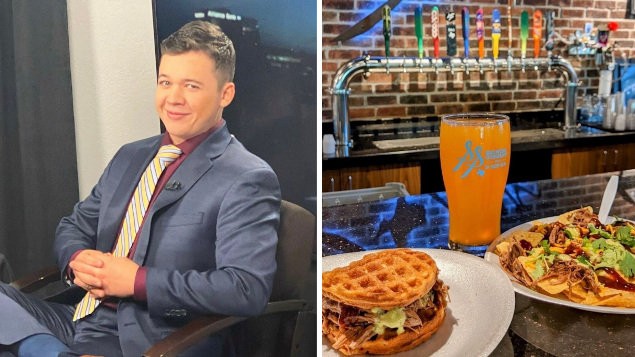 Kyle Rittenhouse in a blue suit. Right: Two plates of food and a glass of beer from Southern Star Brewery Company.